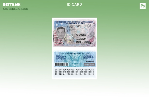 Модерен стил PSD шаблон за лична карта за американски пасош, целосно уредлив, ша